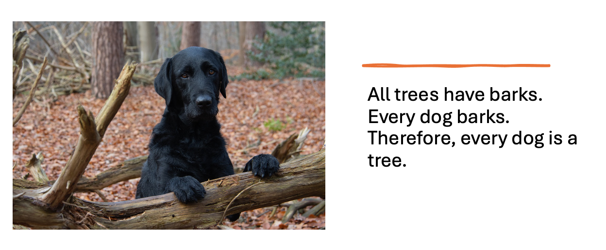 All trees have bark. Every dog barks. Therefore dogs are trees